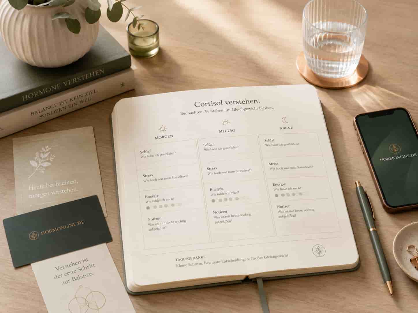Notizbuch mit Tagesstruktur zur Selbstbeobachtung von Stress, Schlaf und Energie
