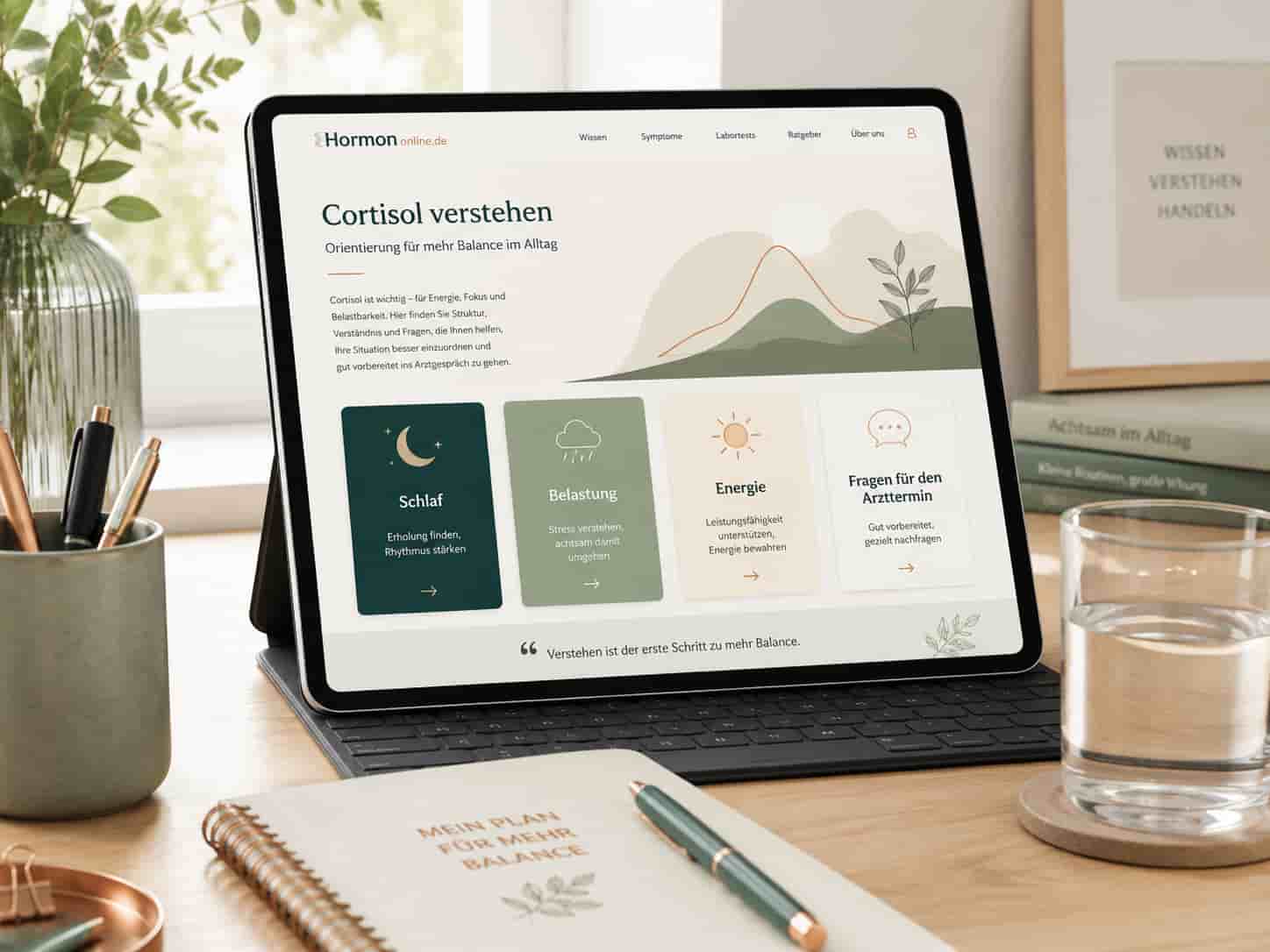 Tablet mit strukturierter Übersicht zu Schlaf, Belastung und Energie als Vorbereitung auf ein medizinisches Gespräch
