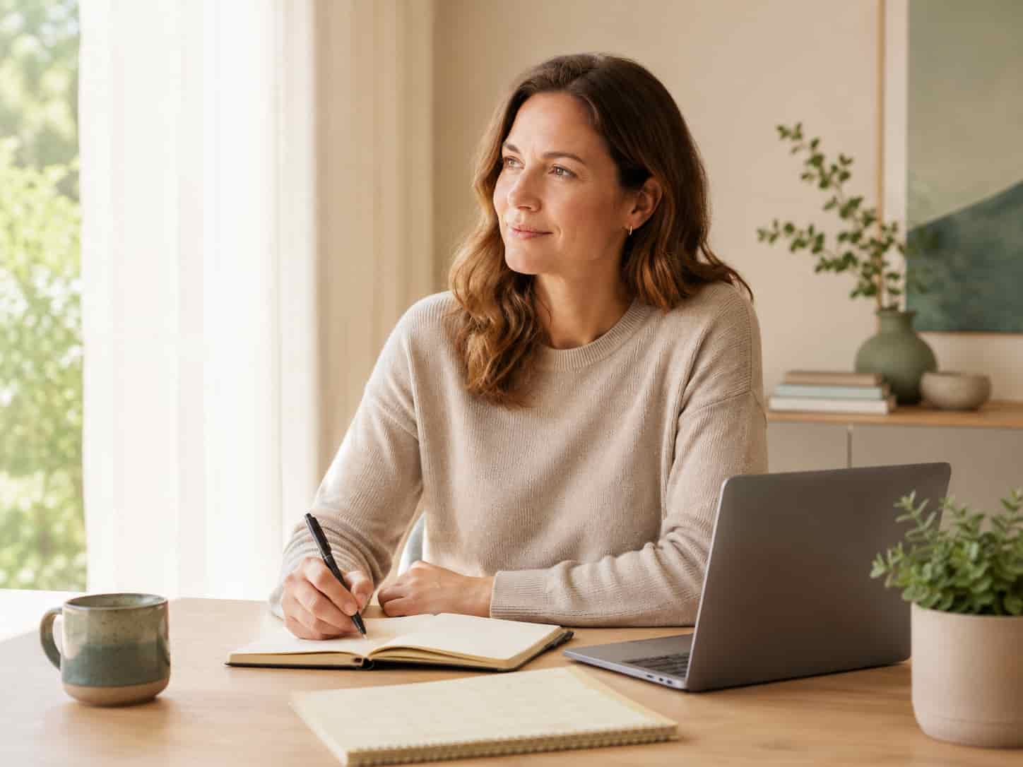 Frau mit Notizbuch und Laptop bereitet Fragen zu Zyklusbeobachtungen vor