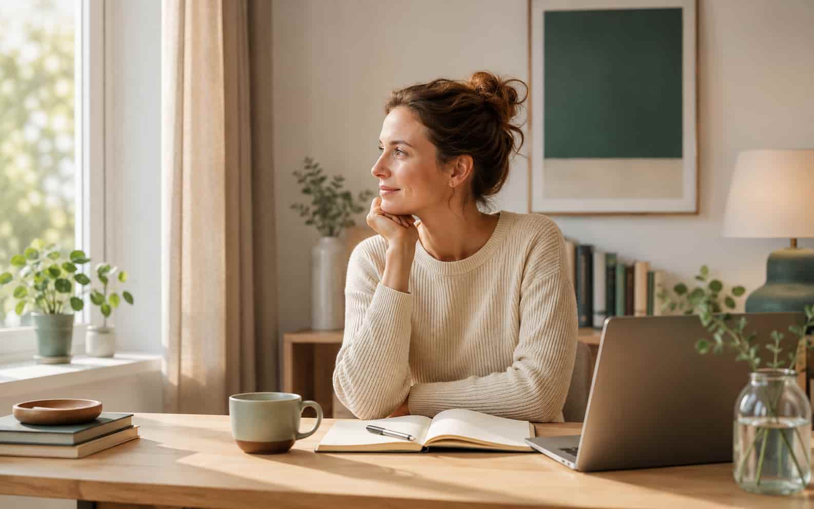 Ruhige Person am hellen Arbeitsplatz mit Laptop und Notizbuch zur Reflexion von Alltag, Schlaf und Energie