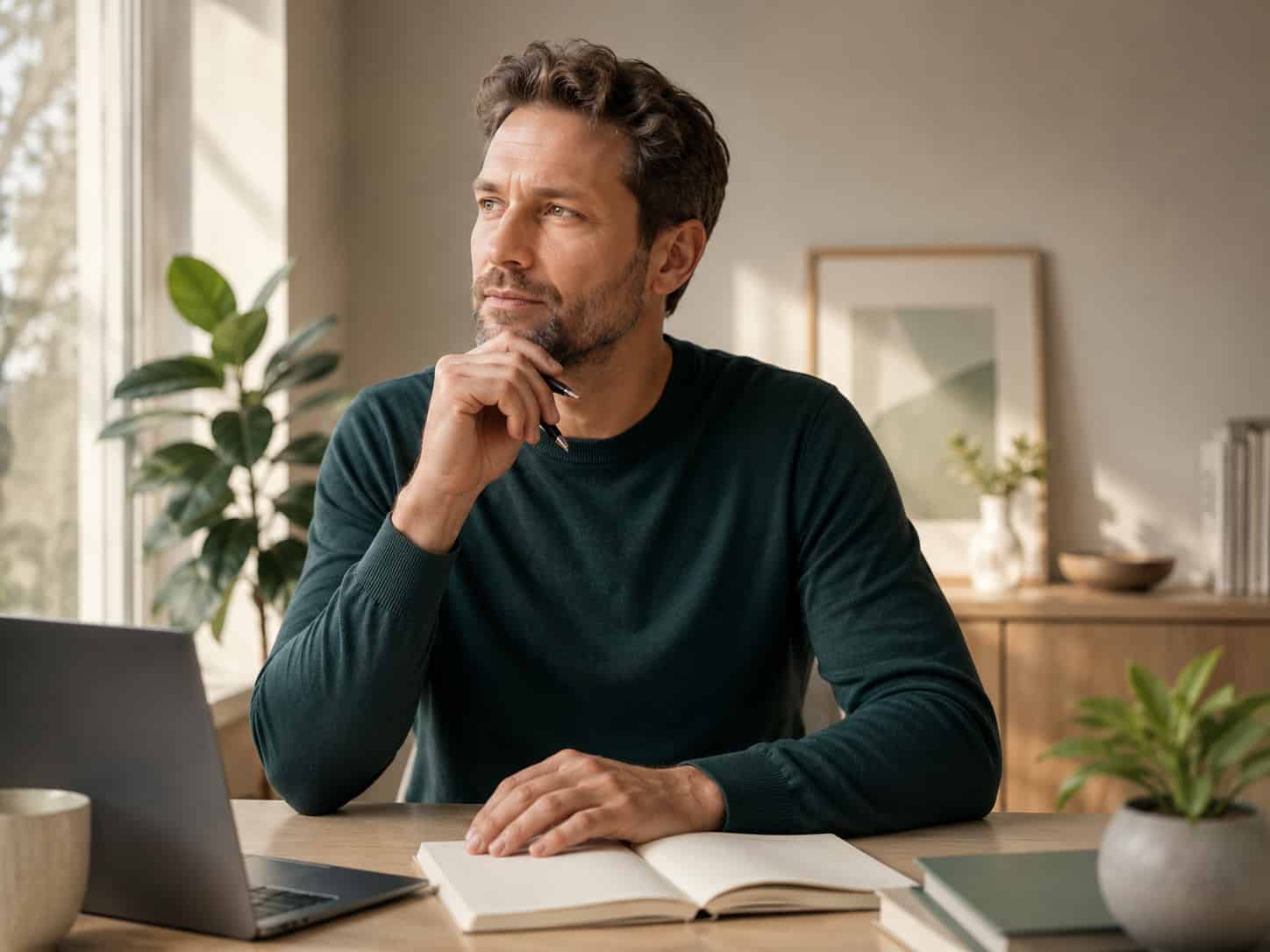 Mann am Laptop mit Notizbuch in ruhiger Umgebung zur Vorbereitung medizinischer Fragen