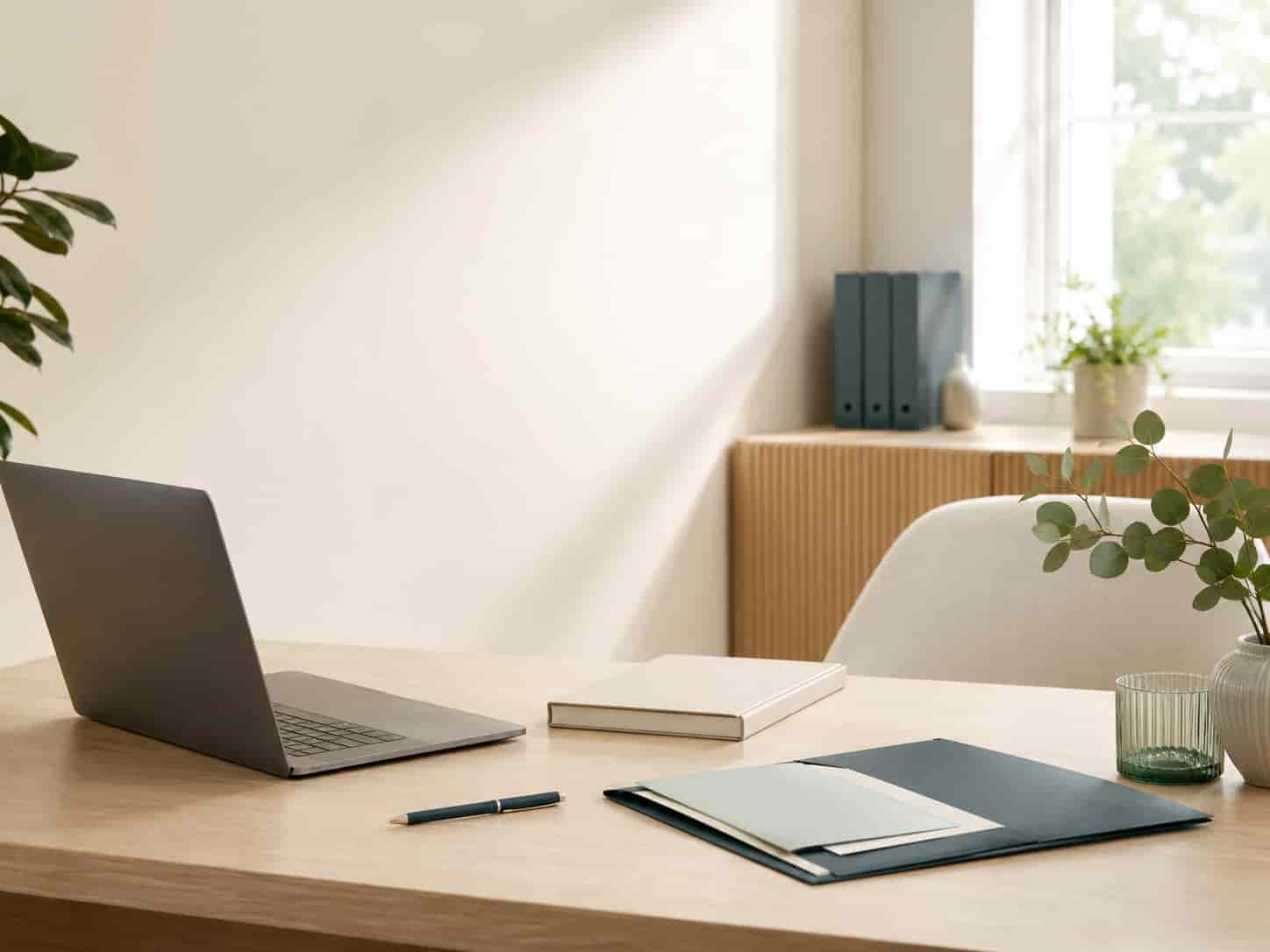 Aufgeräumter Arbeitsplatz mit Laptop, Mappe und Notizbuch zur sachlichen Einordnung