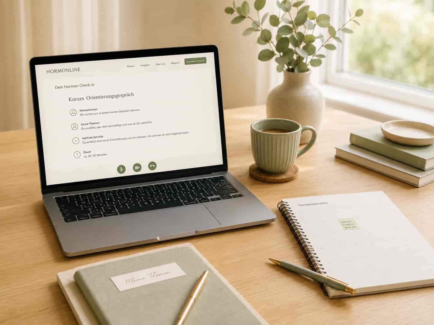 Laptop und Notizbuch zur kurzen Orientierung und Gesprächsvorbereitung