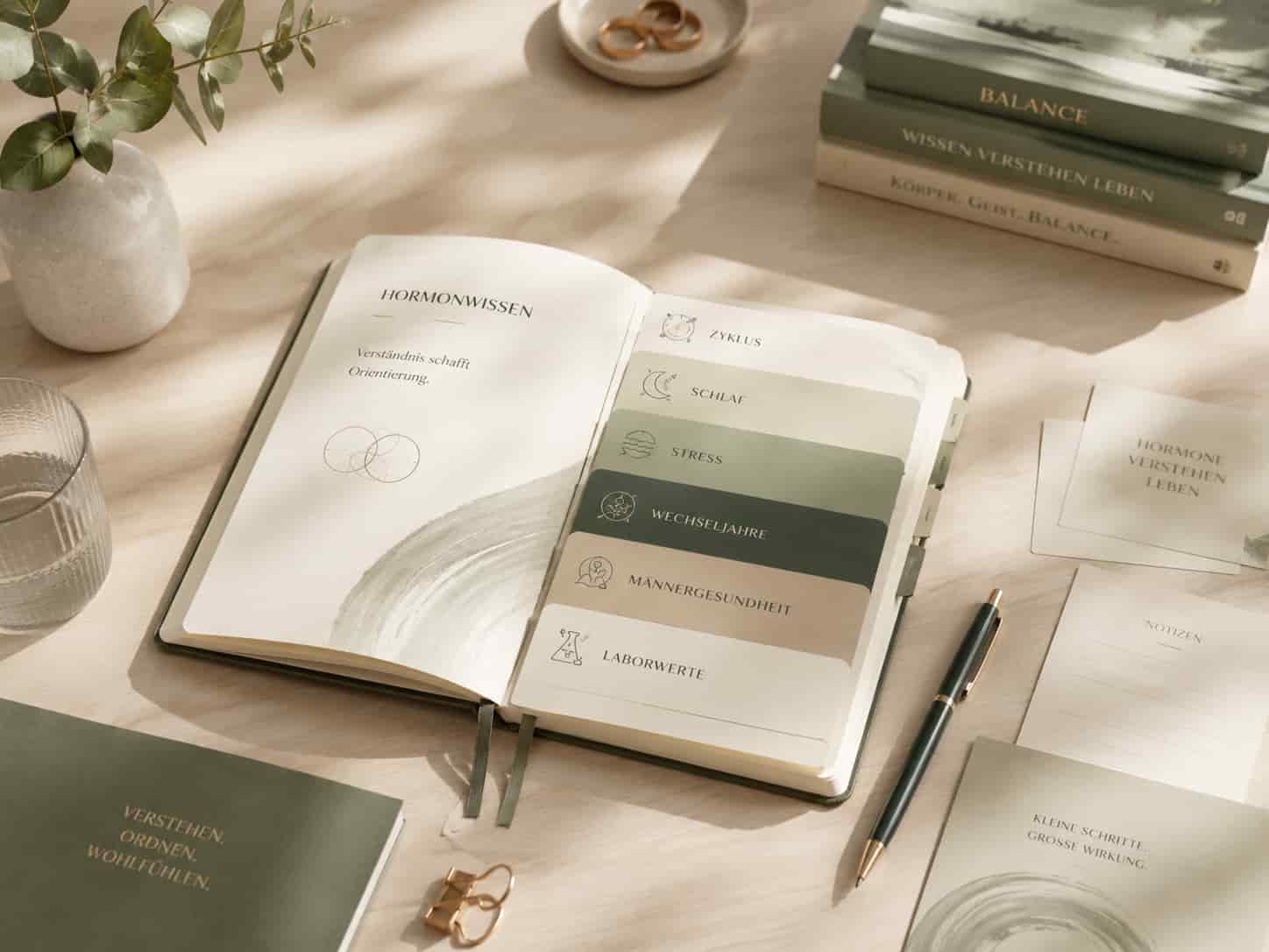 Notizbuch mit geordneten Themenkarten zu Zyklus, Schlaf, Stress und weiteren Hormonwissen-Bereichen