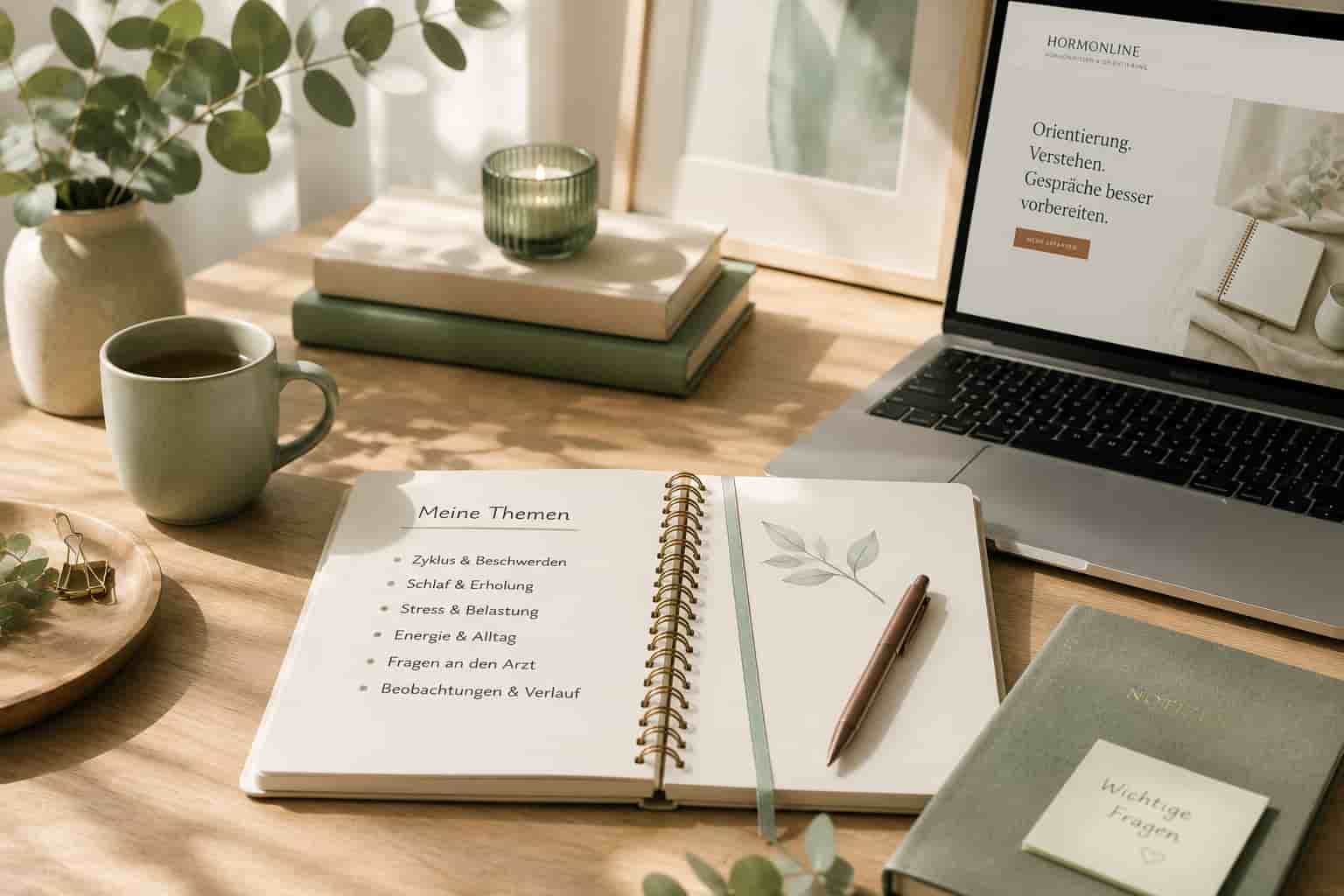Notizbuch und Laptop zur strukturierten Übersicht von Fragen und Beobachtungen