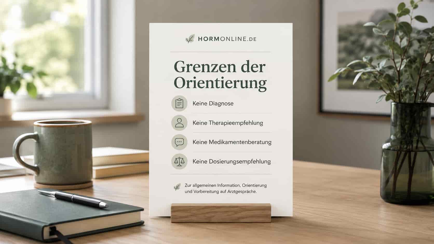 Infokarte mit Hinweisen zu den Grenzen der Orientierung ohne Diagnose, Therapieempfehlung, Medikamentenberatung und Dosierungsempfehlung