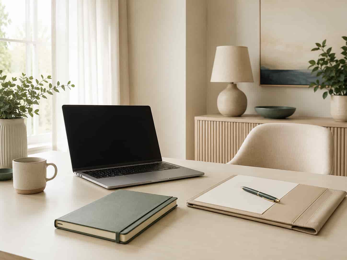 Ruhiger Arbeitsplatz mit Laptop, Notizbuch und Mappe zur Online-Orientierung