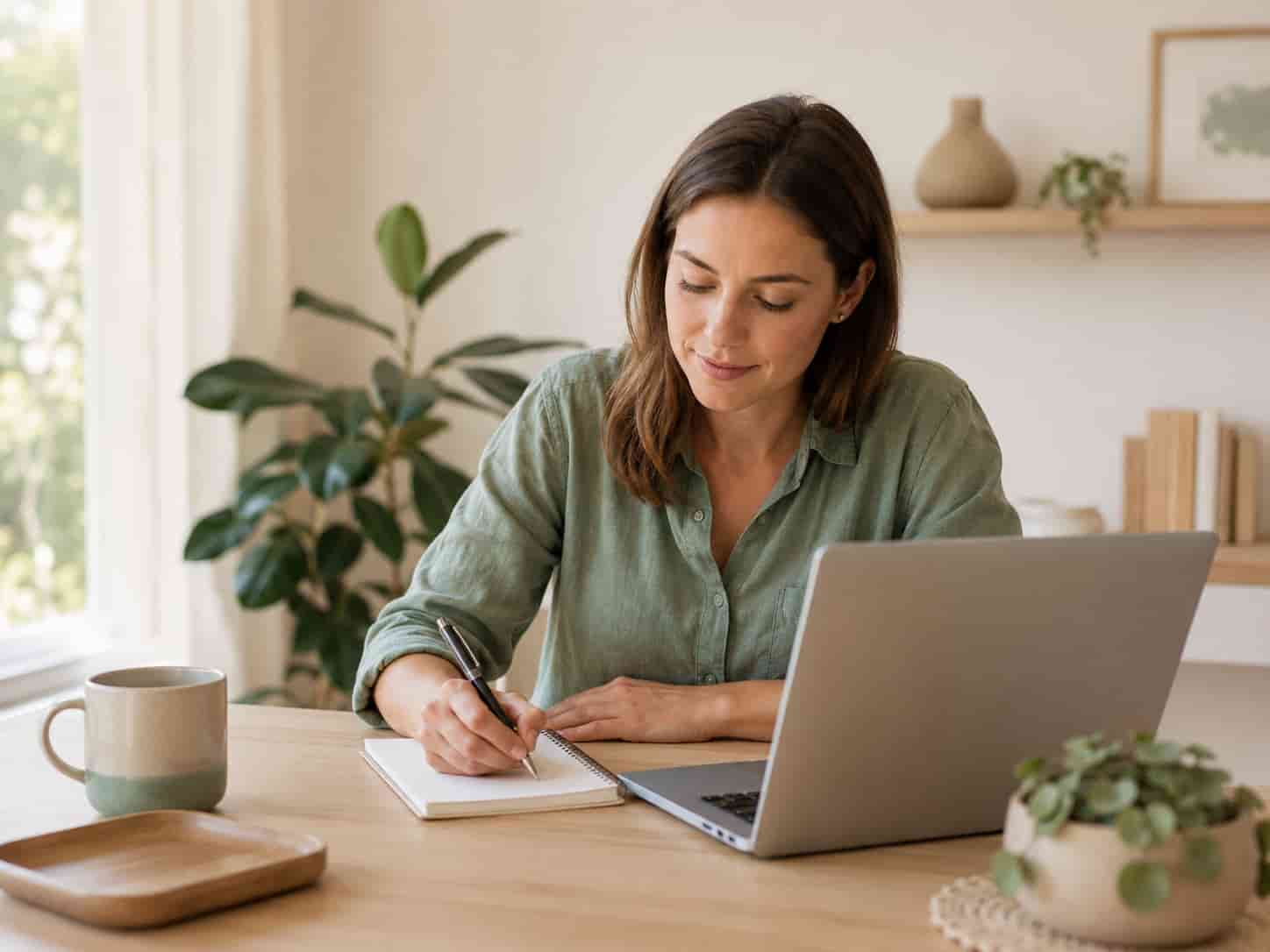 Person schreibt Fragen in ein Notizbuch neben einem Laptop