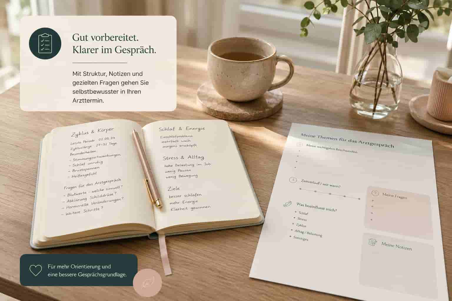 Ruhiger Arbeitsplatz mit Notizen und Vorlage zur Vorbereitung eines Arztgesprächs