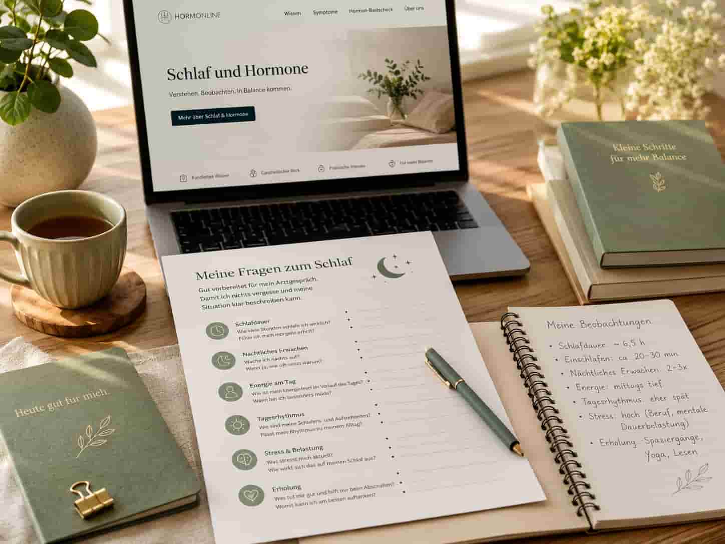 Arbeitsplatz mit Laptop, Notizbuch und Fragenliste zum Thema Schlaf für ein Arztgespräch