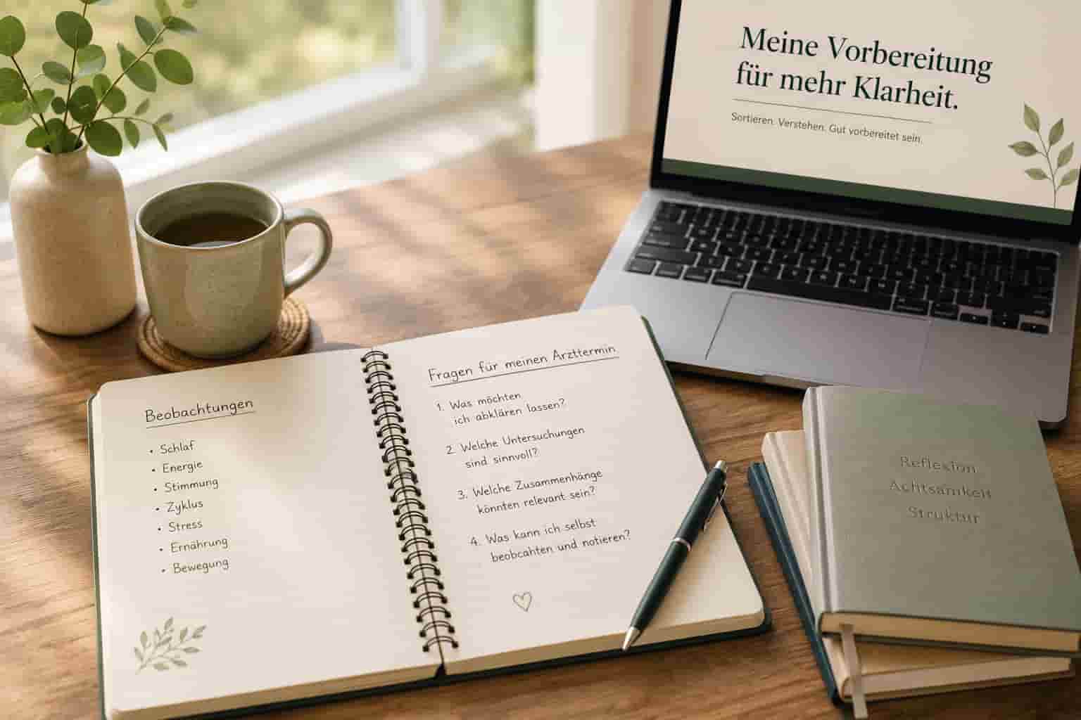 Ruhiger Arbeitsplatz mit Laptop und Notizbuch zur strukturierten Vorbereitung