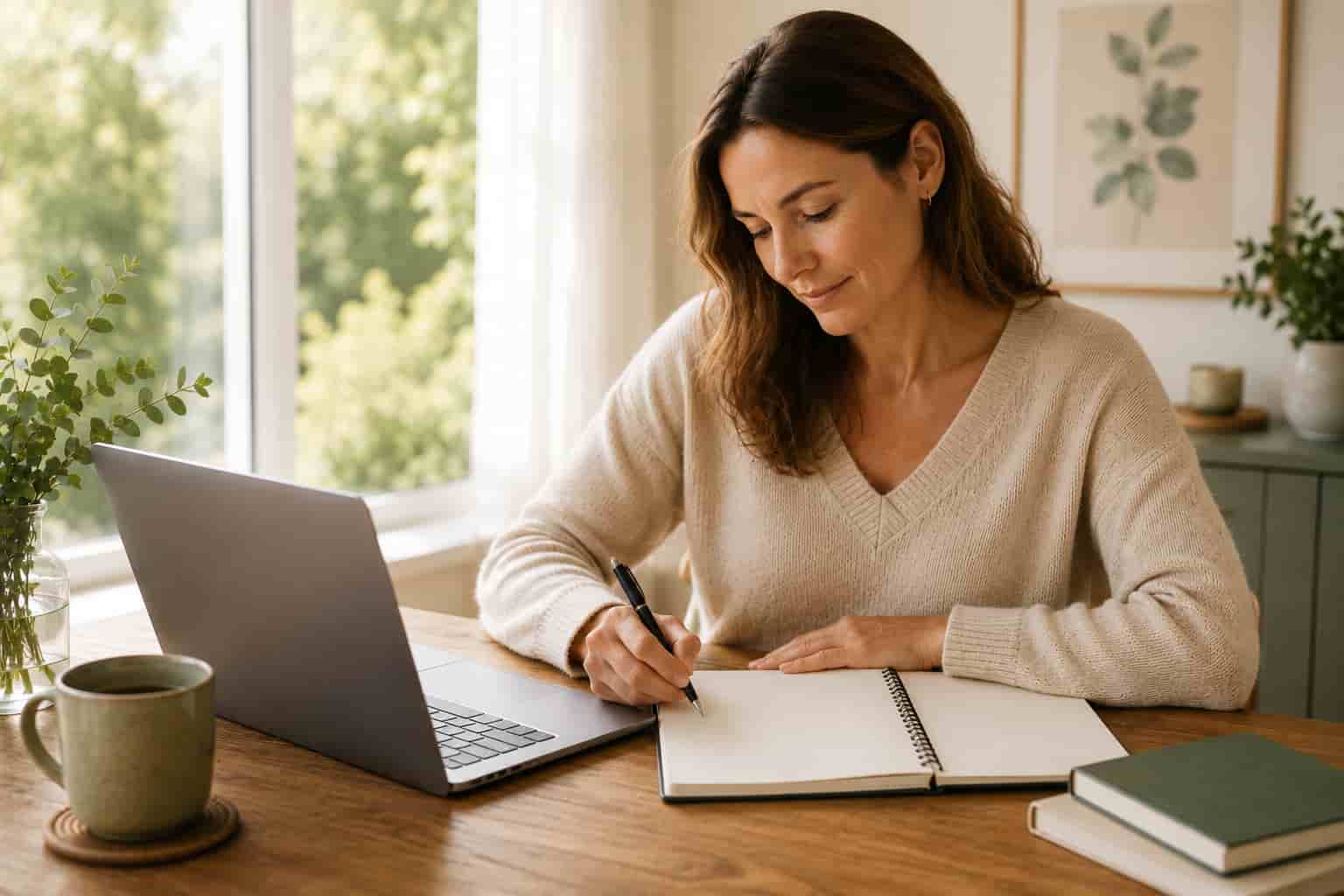 Person schreibt in ein Notizbuch neben einem Laptop in heller Umgebung