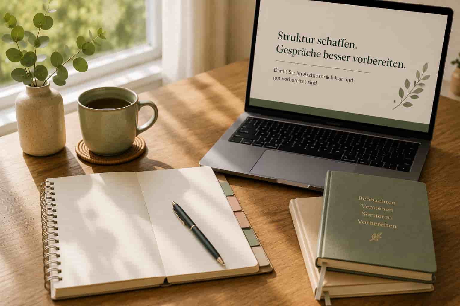 Ruhiger Arbeitsplatz mit Laptop, Notizbuch und Unterlagen für strukturierte Vorbereitung