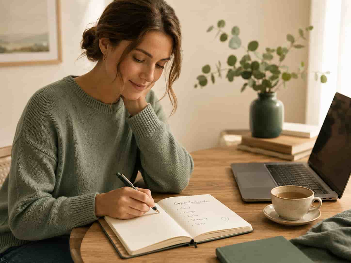 Person notiert Beobachtungen zu Schlaf, Energie, Zyklus, Stimmung und Stress in einem Notizbuch