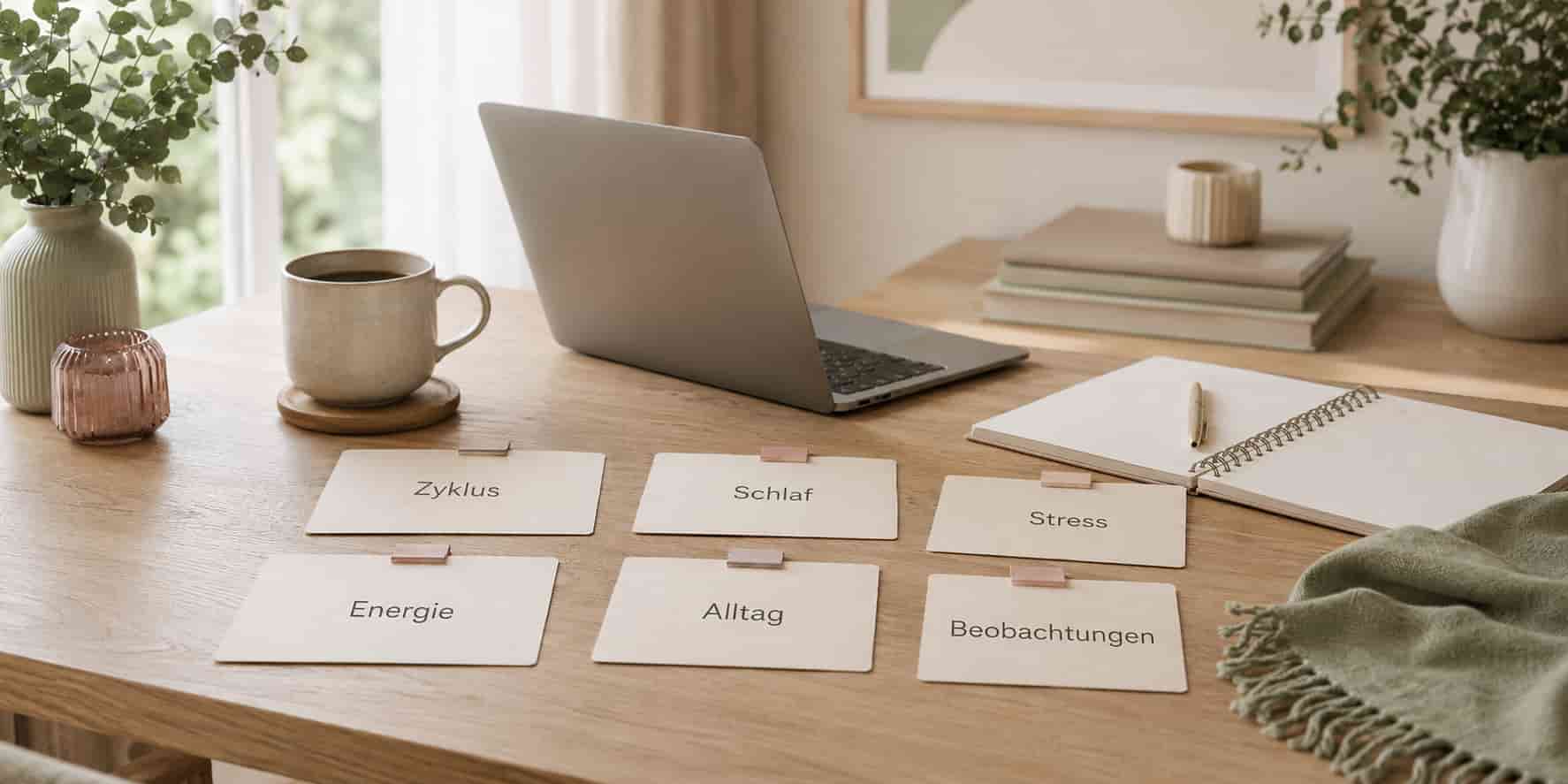 Notizkarten zur Strukturierung von Zyklus Schlaf Stress Energie Alltag und Beobachtungen