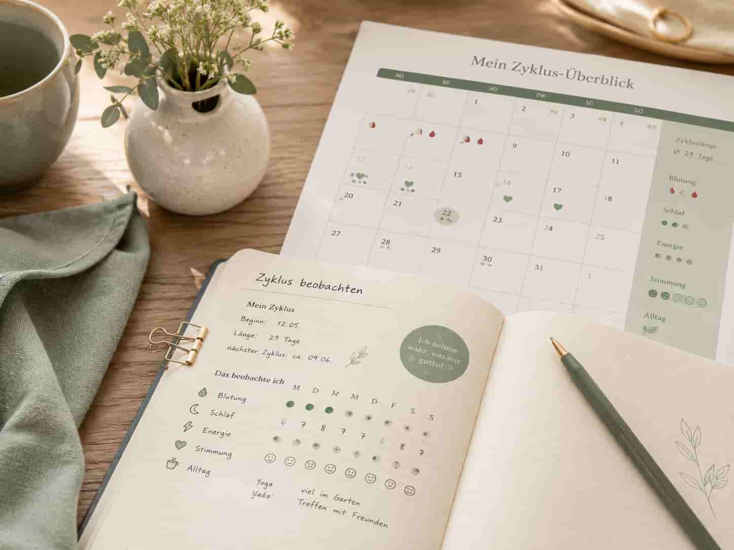 Zyklusübersicht mit Notizbuch, Kalender und Beobachtungen zu Schlaf, Energie, Stimmung und Alltag