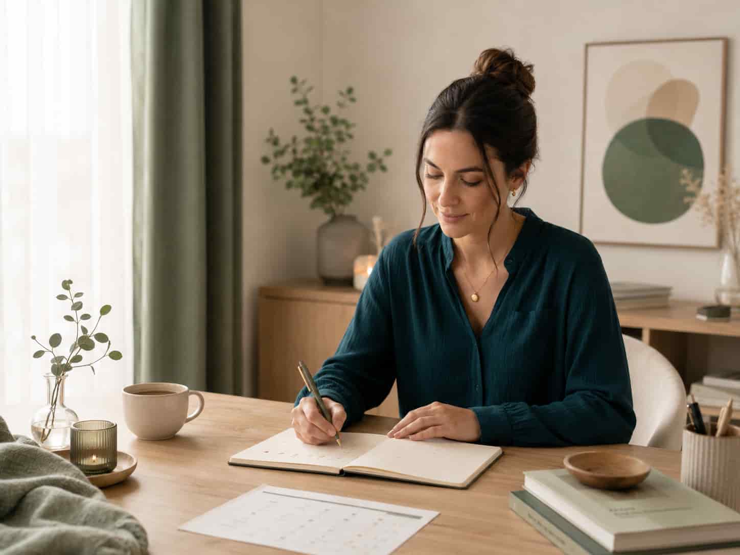 Frau notiert Beobachtungen zu Zyklus, Schlaf, Stress und Energie in einem Notizbuch
