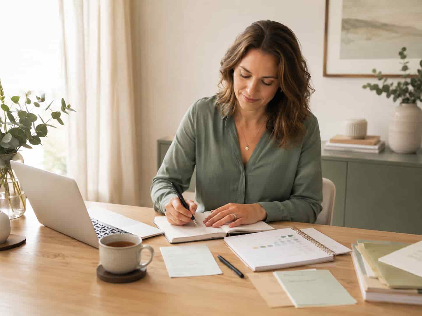 Arbeitsplatz mit Laptop, Notizbuch, Zykluskalender und Fragenliste für ein Arztgespräch